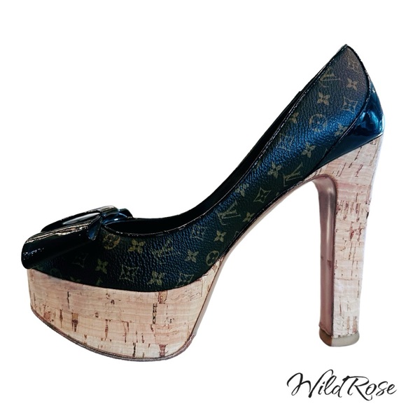 LOUIS VUITTON Brown Rivoli LV Monogram Patent Vernis Bow Cork Platform Pumps 37 - Picture 1 of 17